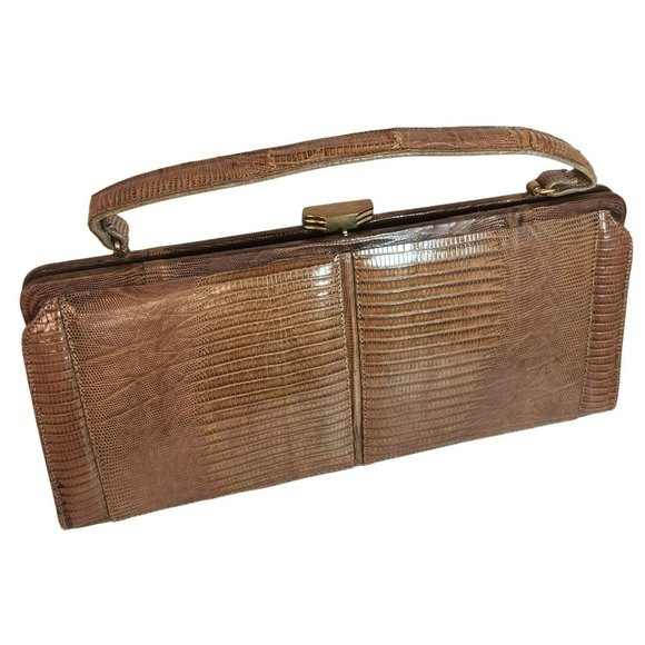 Vintage Palizzio Tegu Lizard Brown Rectangle Frame Closure 1960s Handbag - Picture 2 of 16